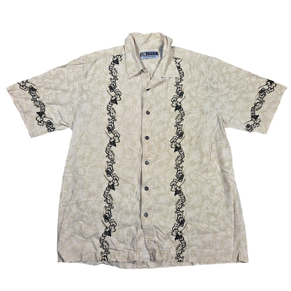 Untied Mens Large 100% Silk Hawaiian Shirt Tonal Palm Floral Vine Cream Tan L